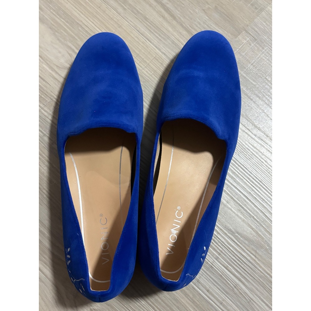 Vionic Willa Royal Blue Suede Embroidered Loafers Flats Womens 9.5 Silver Floral - Picture 6 of 8